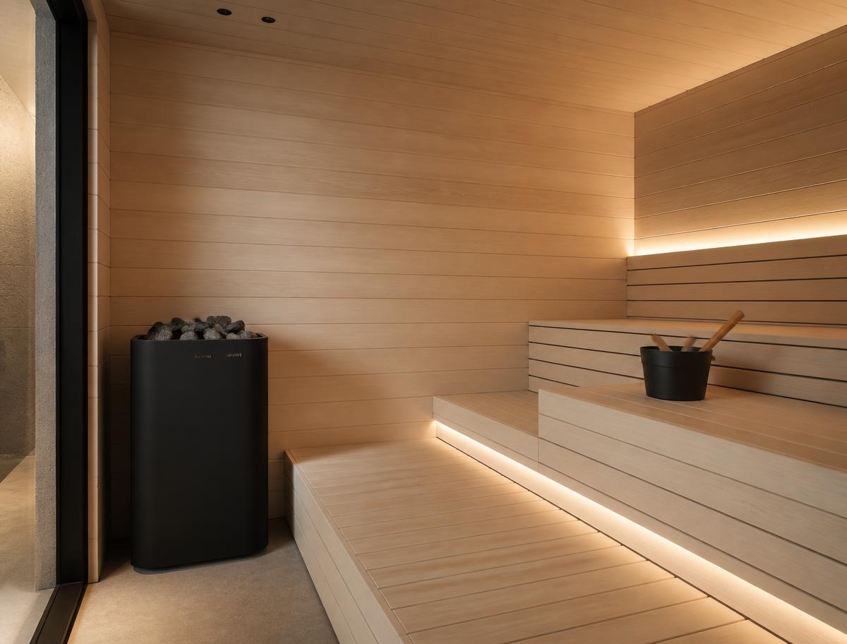 Innenansicht einer deutsches.house Sauna mit Espenbänken und indirektem Licht